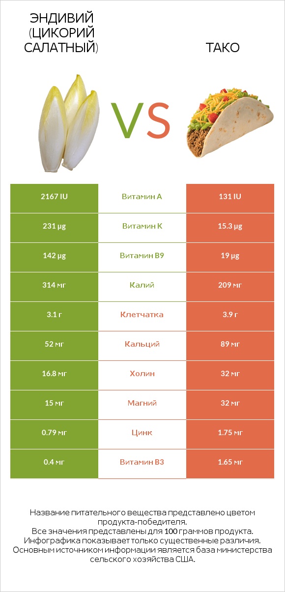 Эндивий (Цикорий салатный)  vs Тако infographic