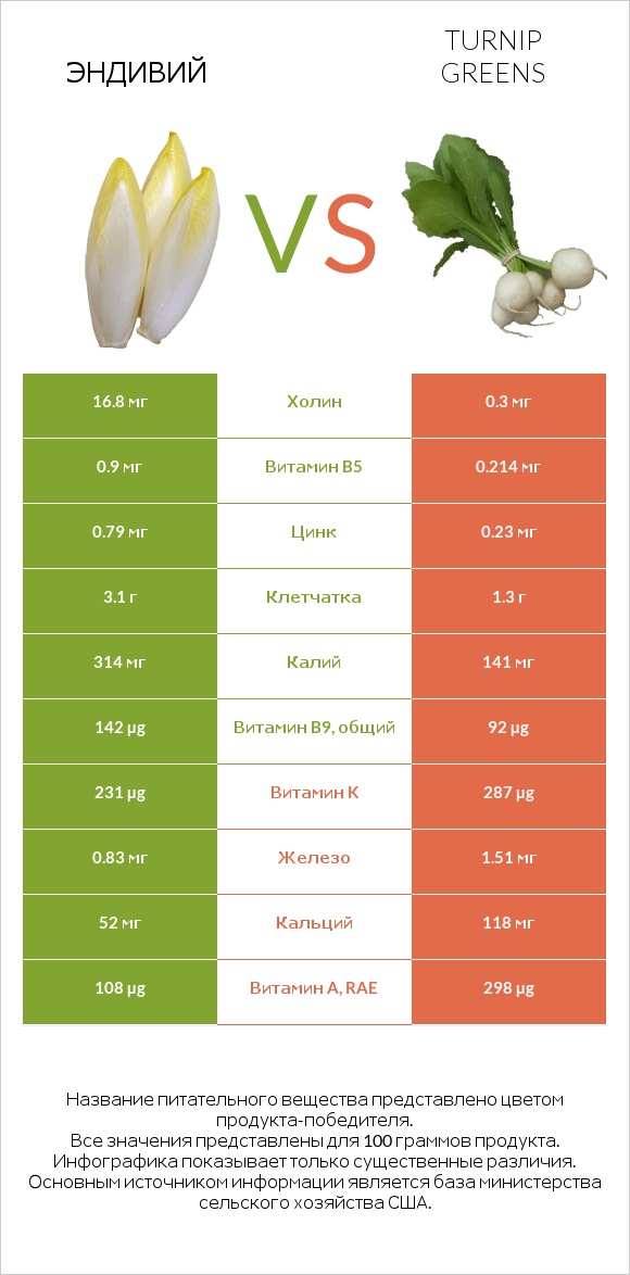 Эндивий vs Turnip greens infographic
