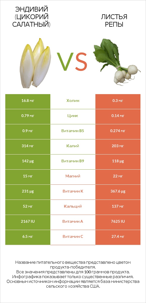 Эндивий vs Turnip greens infographic