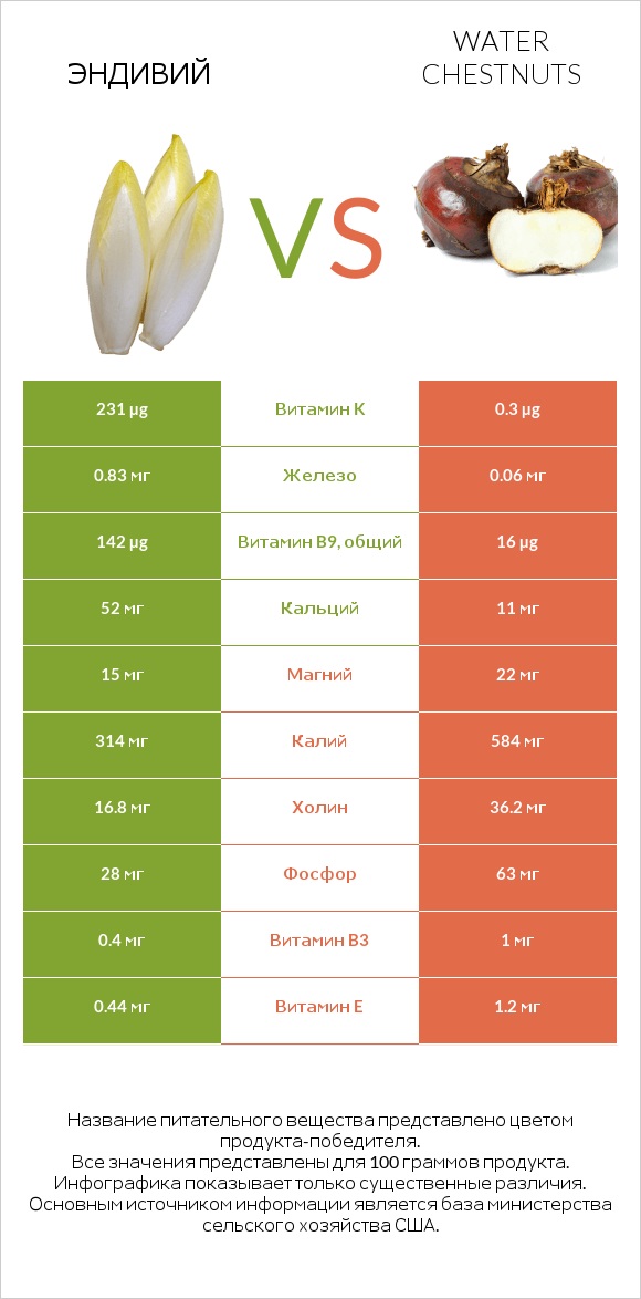 Эндивий vs Water chestnuts infographic