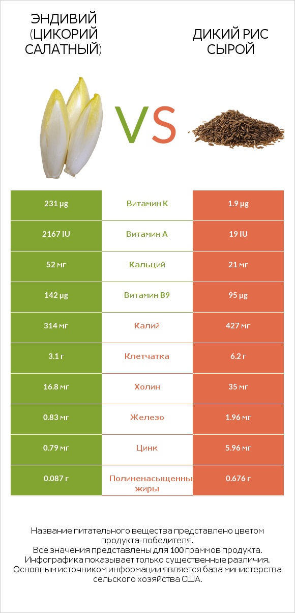 Эндивий (Цикорий салатный)  vs Дикий рис сырой infographic