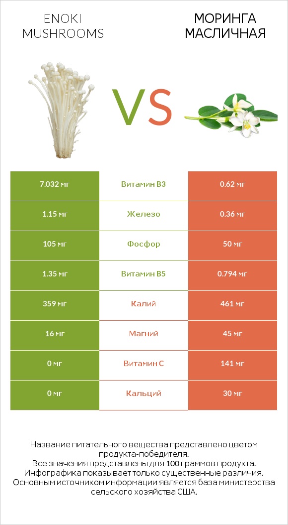Enoki mushrooms vs Моринга масличная infographic