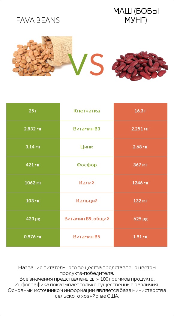 Fava beans vs Маш (бобы мунг) infographic