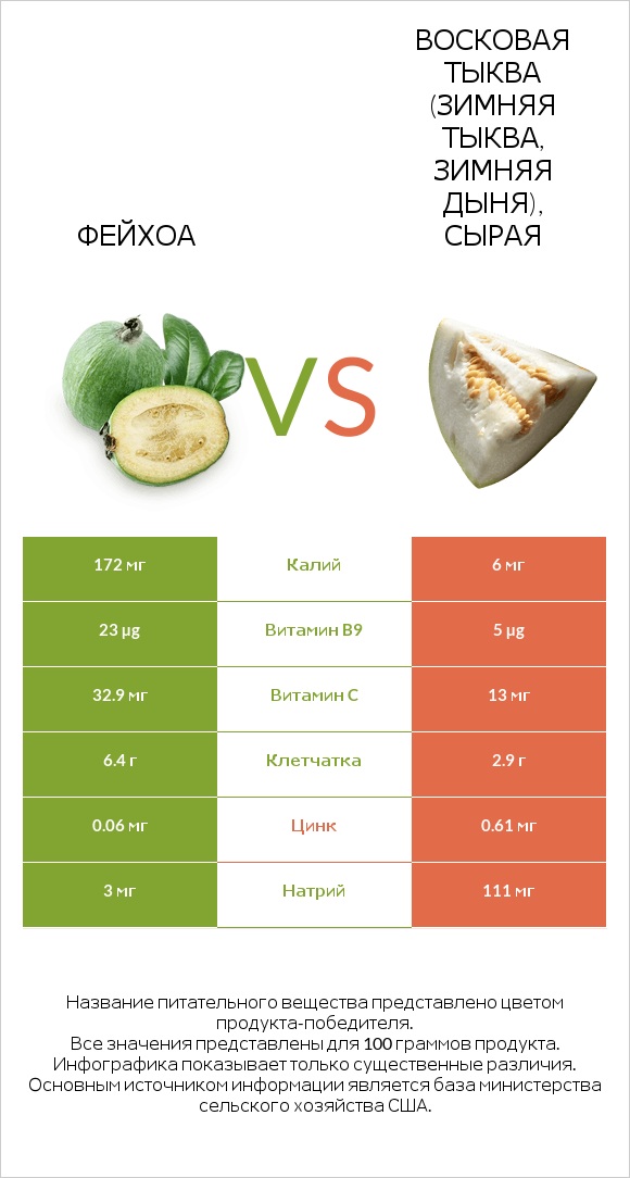 Фейхоа vs Восковая тыква (зимняя тыква, зимняя дыня), сырая infographic