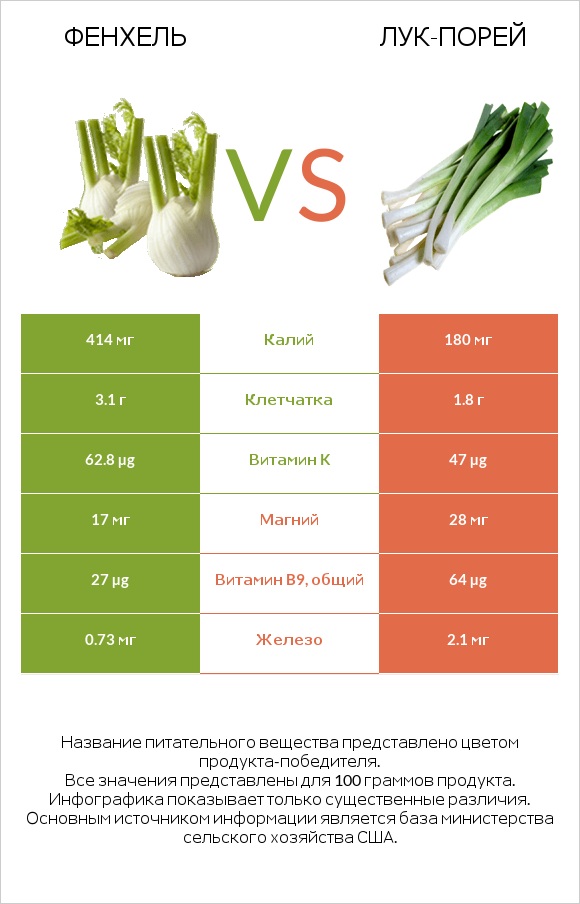 Фенхель vs Лук-порей infographic