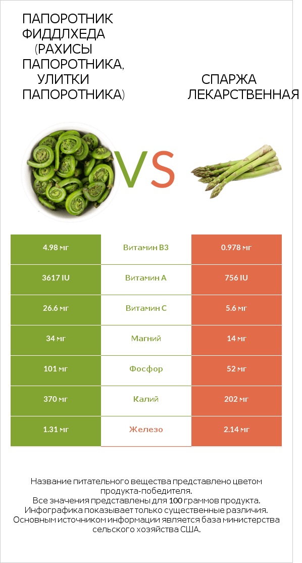 Папоротник Фиддлхеда (Рахисы папоротника, улитки папоротника) vs Спаржа лекарственная infographic