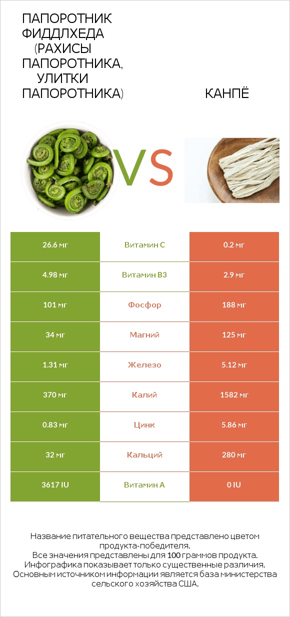 Папоротник Фиддлхеда (Рахисы папоротника, улитки папоротника) vs Канпё infographic