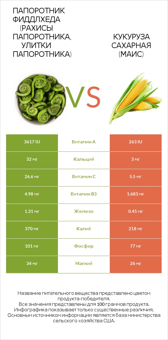 Папоротник Фиддлхеда (Рахисы папоротника, улитки папоротника) vs Кукуруза сахарная (маис) infographic