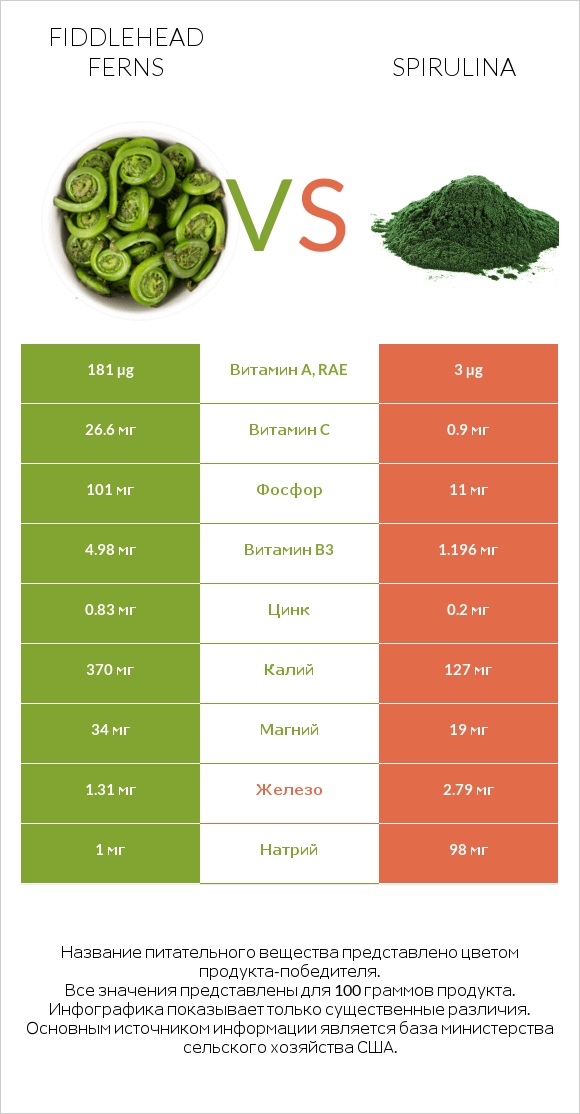 Fiddlehead ferns vs Spirulina infographic