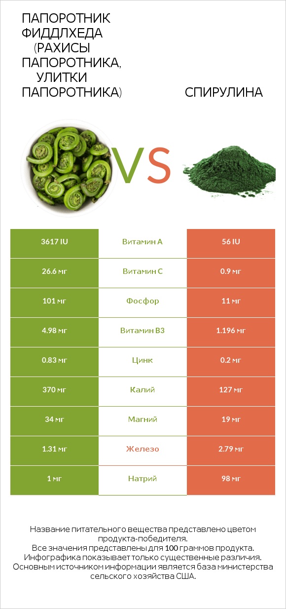 Папоротник Фиддлхеда (Рахисы папоротника, улитки папоротника) vs Спирулина infographic