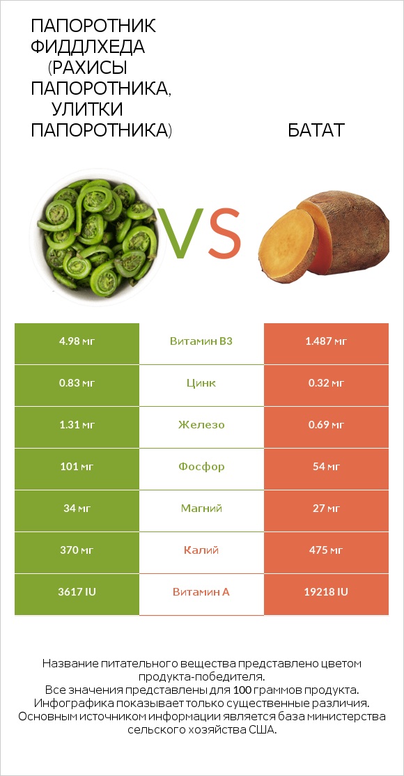 Папоротник Фиддлхеда (Рахисы папоротника, улитки папоротника) vs Батат infographic