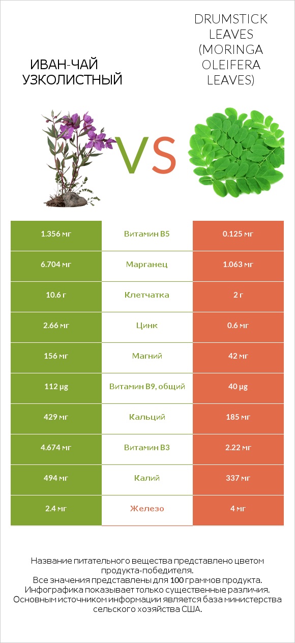 Иван-чай узколистный vs Листья моринги infographic