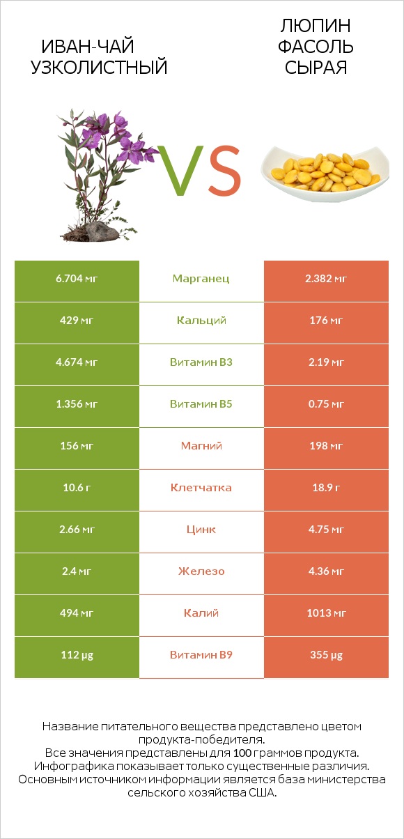 Иван-чай узколистный vs Люпин Фасоль сырая infographic