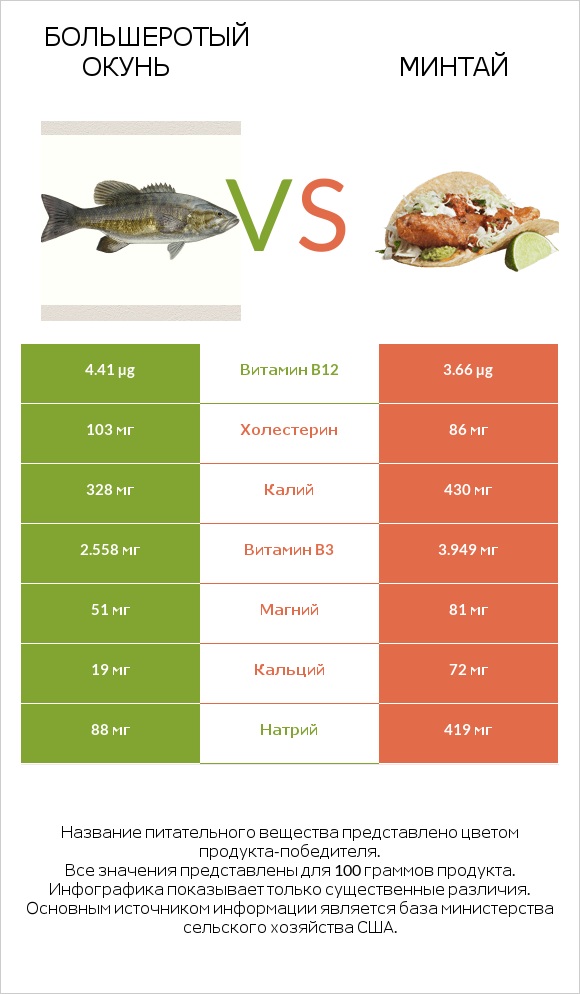 Большеротый окунь vs Минтай infographic