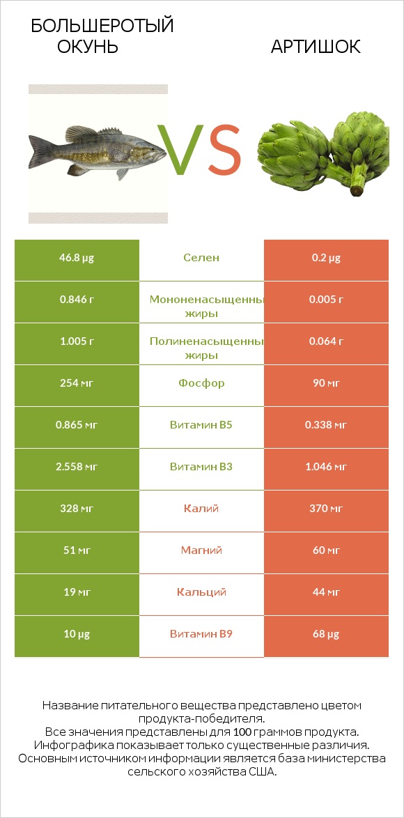 Большеротый окунь vs Артишок infographic
