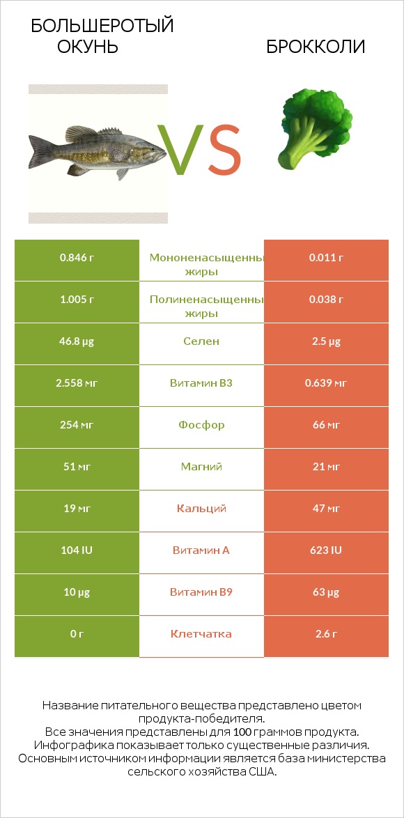 Большеротый окунь vs Брокколи infographic