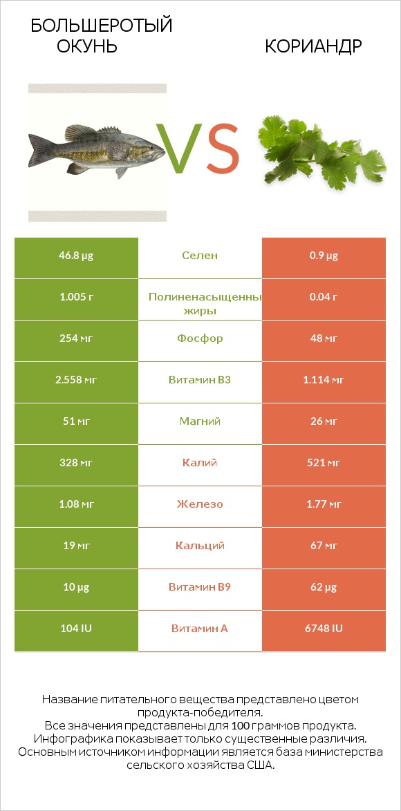 Большеротый окунь vs Кориандр infographic