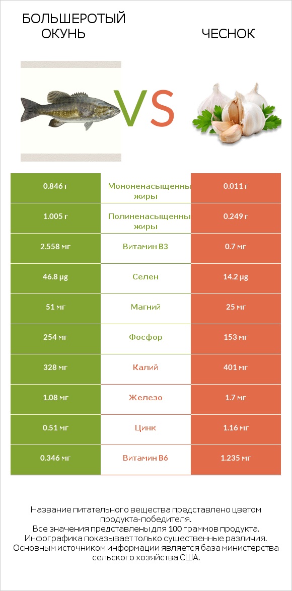 Большеротый окунь vs Чеснок infographic