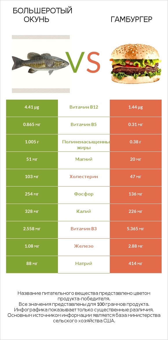 Большеротый окунь vs Гамбургер infographic