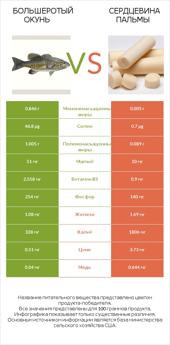 Большеротый окунь vs Сердцевина пальмы infographic