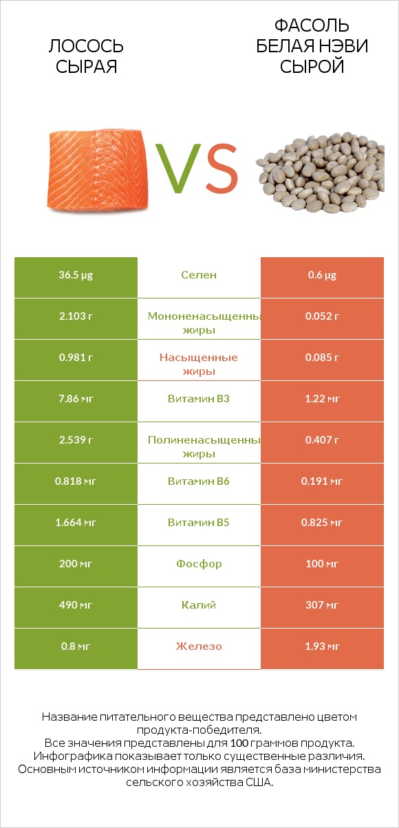 Лосось сырая vs Фасоль белая нэви сырой infographic