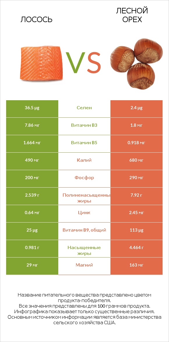 Лосось сырая vs Лесной орех infographic