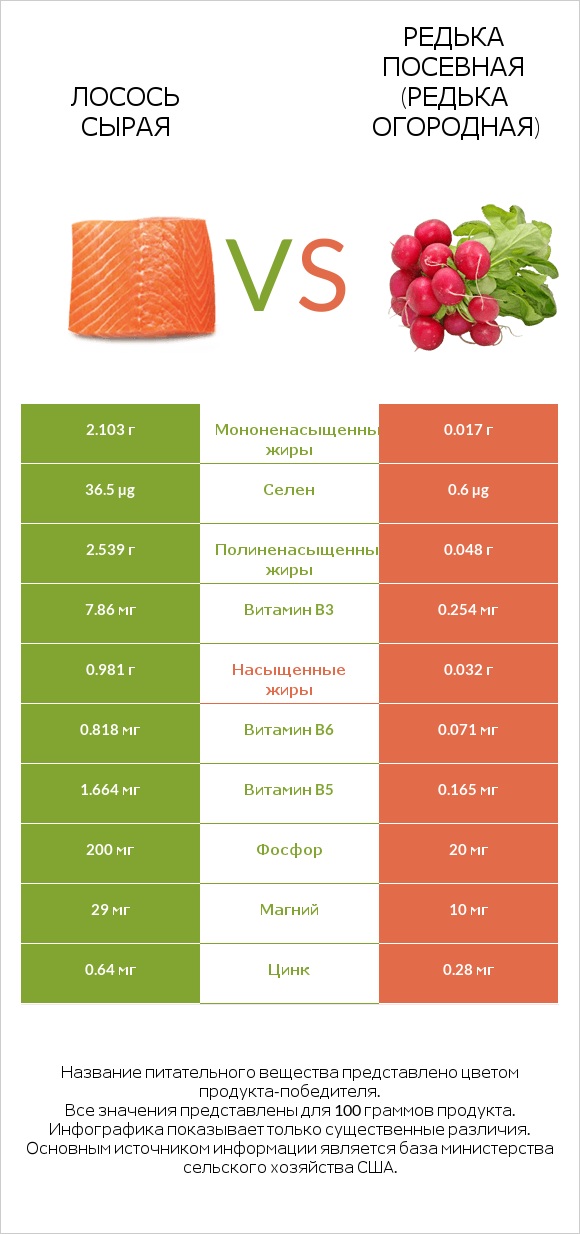 Лосось сырая vs Редька посевная (Редька огородная) infographic
