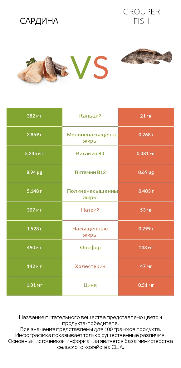 Сардина vs Grouper fish infographic