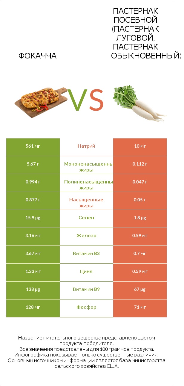 Фокачча vs Пастернак посевной (Пастернак луговой, Пастернак обыкновенный) infographic