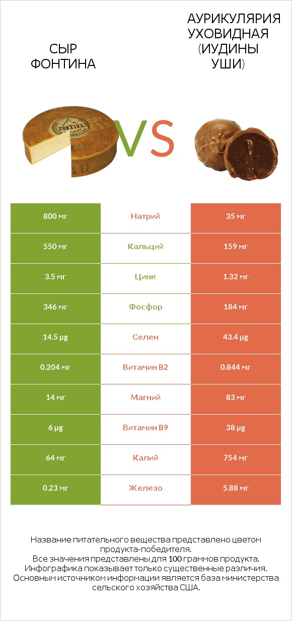 Сыр Фонтина vs Аурикулярия уховидная (Иудины уши) infographic