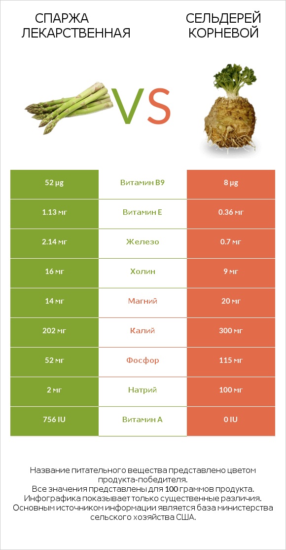 Спаржа лекарственная vs Сельдерей корневой infographic