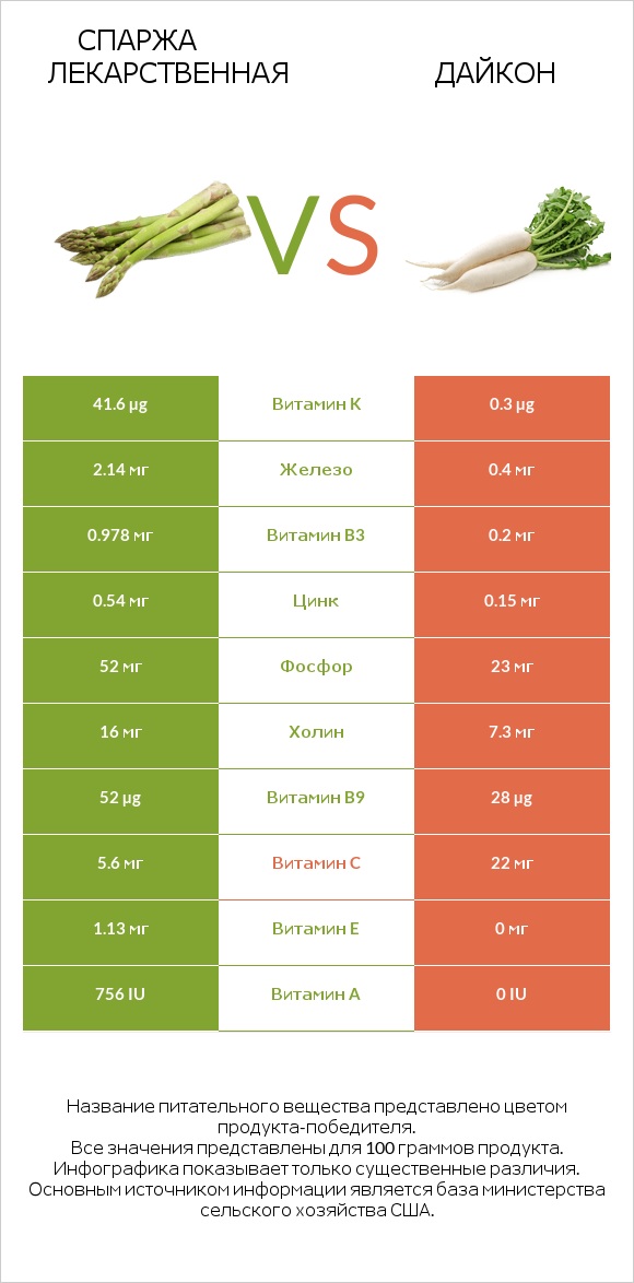 Спаржа лекарственная vs Дайкон infographic