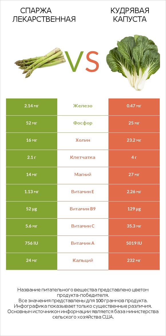 Спаржа лекарственная vs Кудрявая капуста infographic