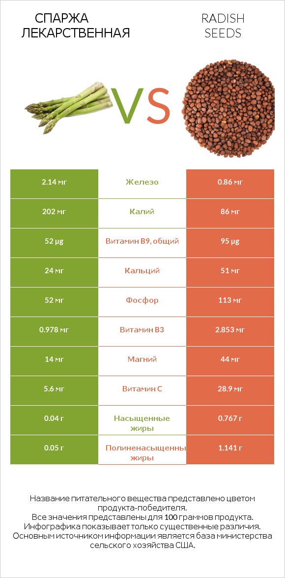 Спаржа лекарственная vs Radish seeds infographic
