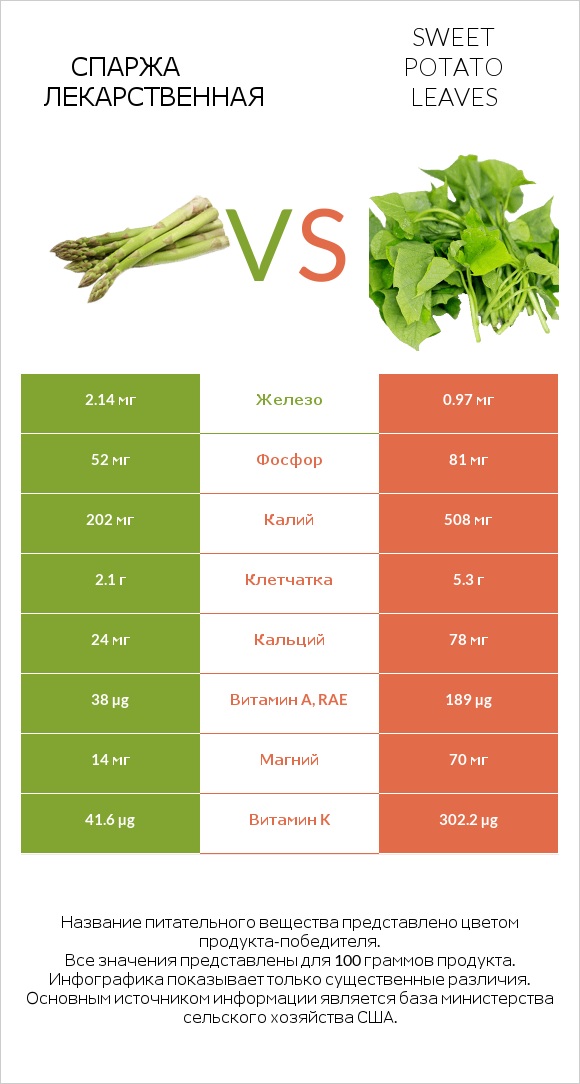 Спаржа лекарственная vs Sweet potato leaves infographic