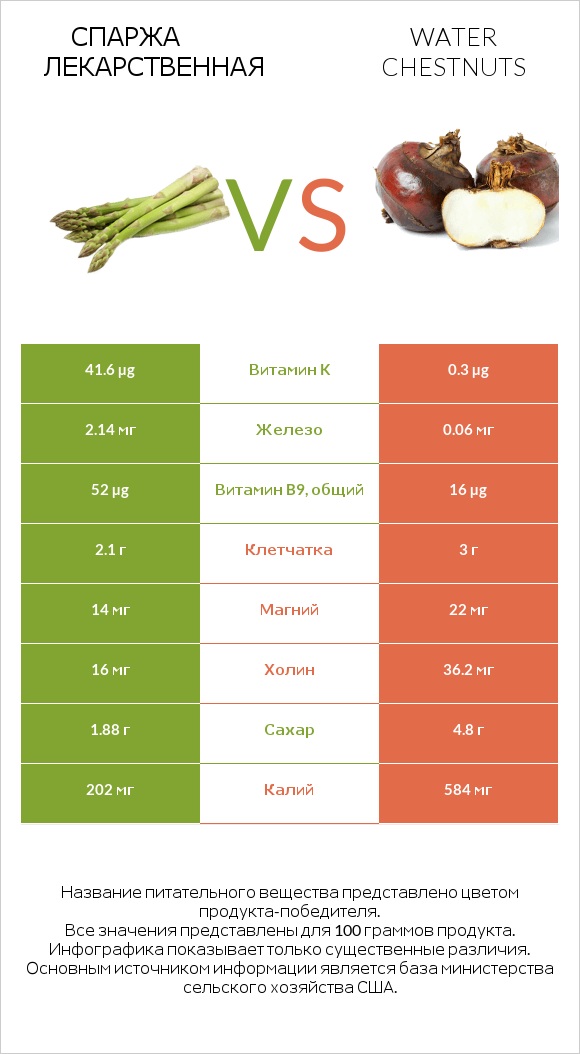 Спаржа лекарственная vs Water chestnuts infographic