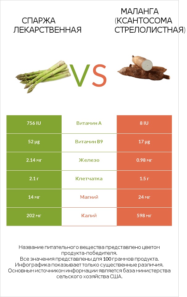 Спаржа лекарственная vs Маланга (Ксантосома стрелолистная) infographic