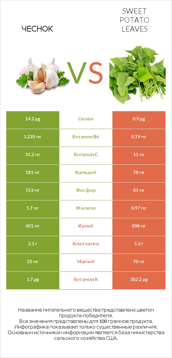 Чеснок vs Sweet potato leaves infographic