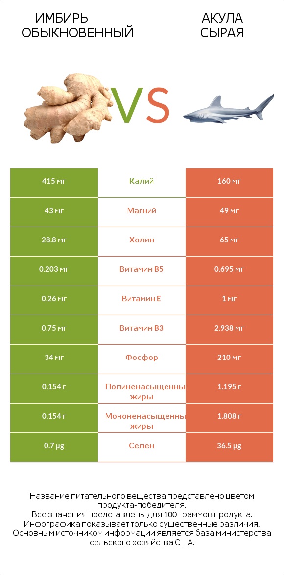 Имбирь обыкновенный vs Акула сырая infographic