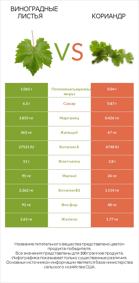 Виноградные листья vs Кориандр infographic