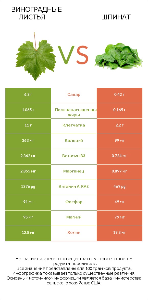 Виноградные листья vs Шпинат infographic