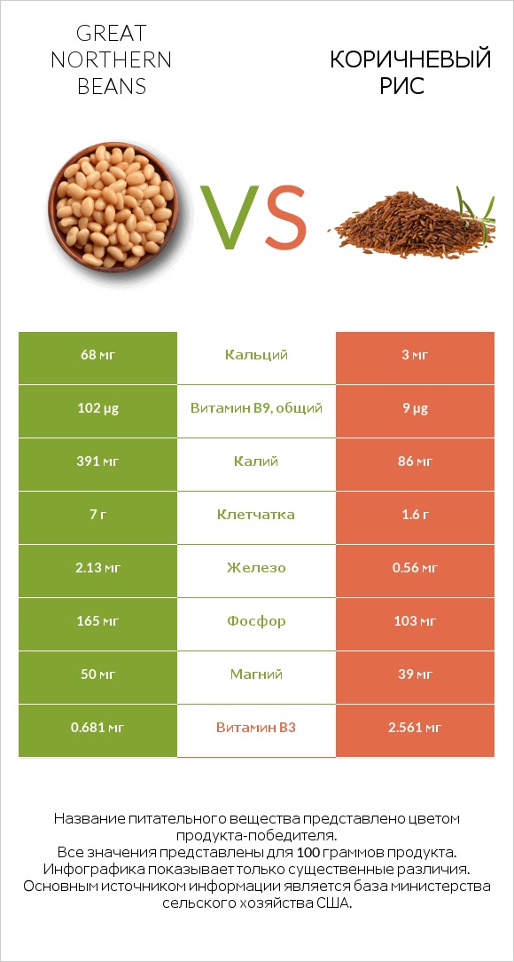 Great northern beans vs Коричневый рис infographic