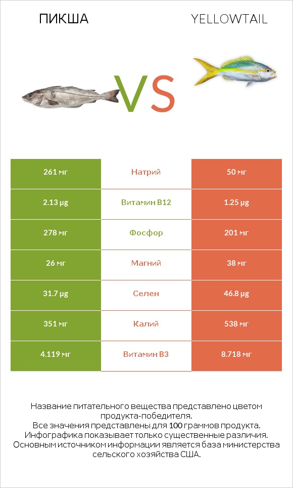 Пикша vs Yellowtail infographic