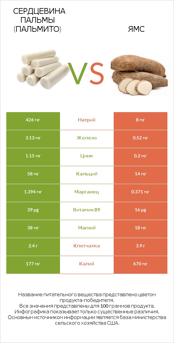 Hearts of palm vs Ямс infographic