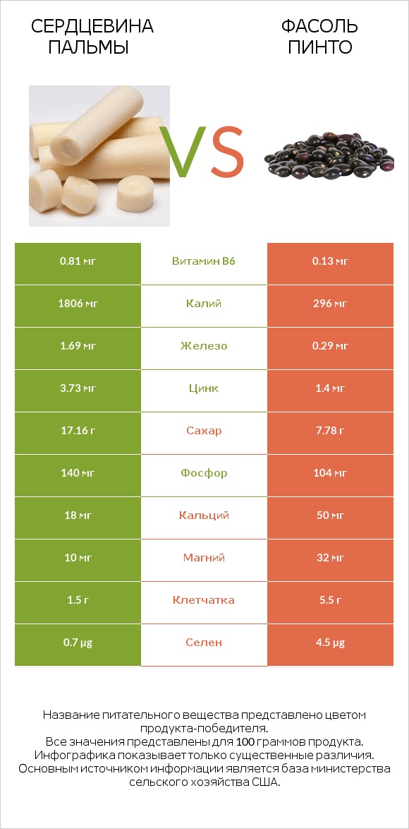 Сердцевина пальмы vs Фасоль пинто сырой infographic