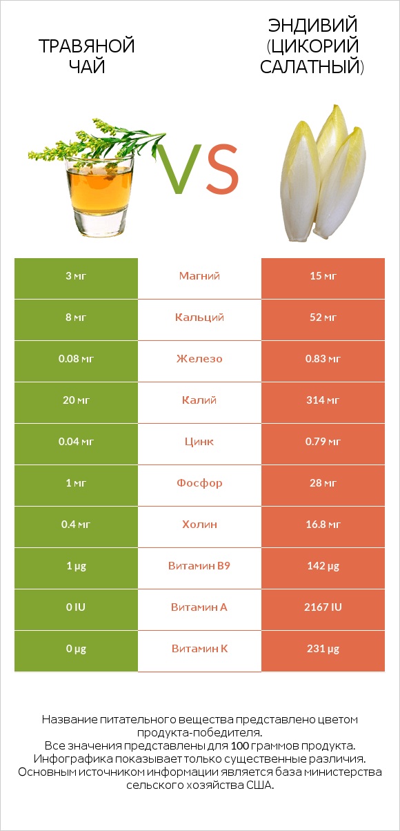 Травяной чай vs Эндивий (Цикорий салатный)  infographic