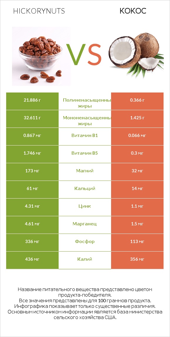Орехи гикори vs Кокос infographic