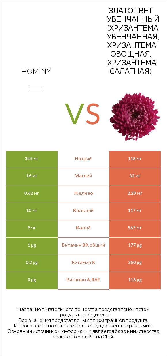 Hominy vs Златоцвет увенчанный (хризантема увенчанная, хризантема овощная, хризантема салатная) infographic