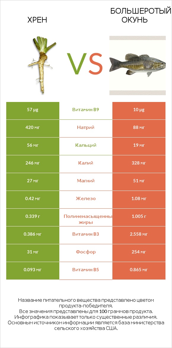 Хрен vs Большеротый окунь infographic