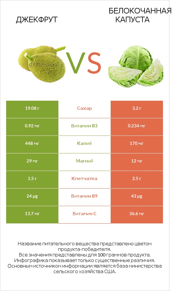 Джекфрут vs Белокочанная капуста infographic